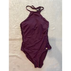 SUNSEEKERS Halter High Neck Crochet Side One Piece Size 8 Purple Open Back